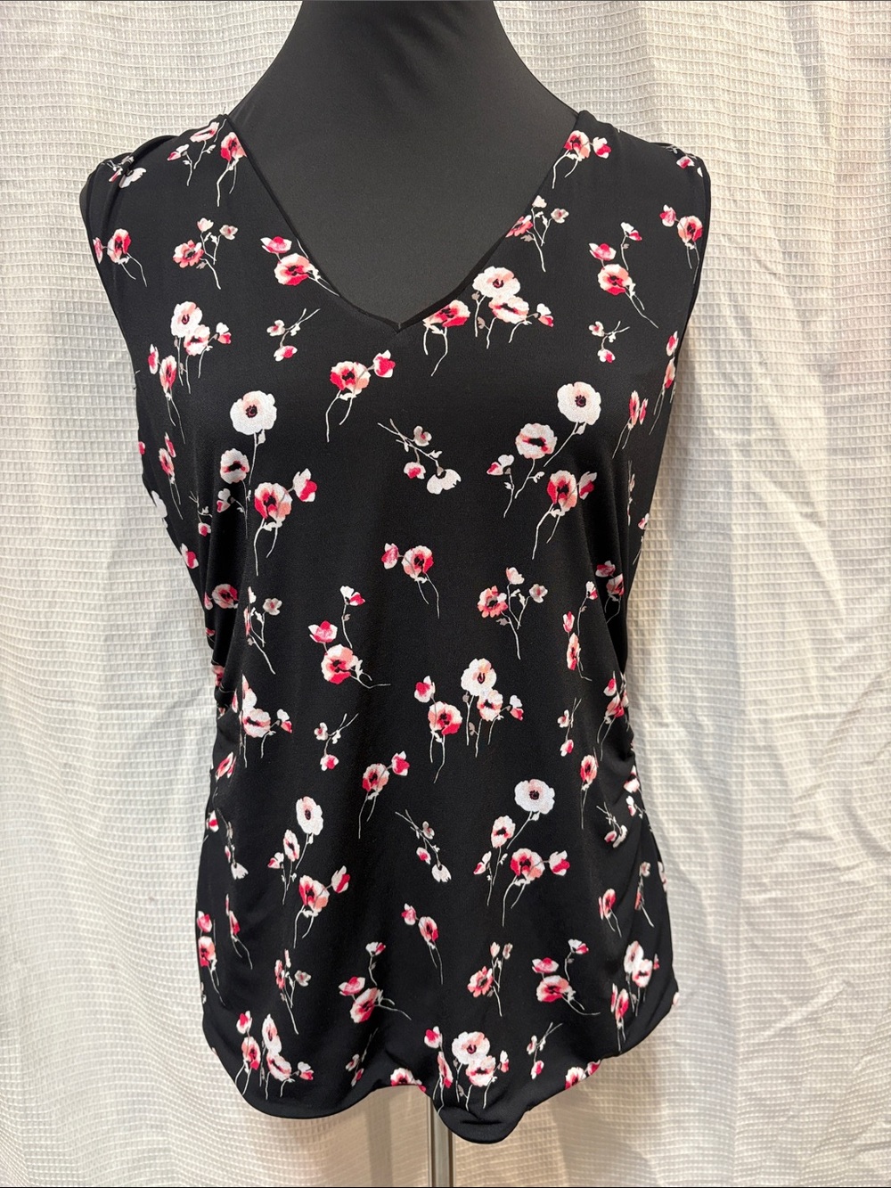 Floral V-Neck Sleeveless Top - Black with Pink and White Blooms